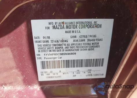 2008 Mazda Mazda6 I Sport Ve из США, поврежденный, VIN 1YVHP80C985M46809